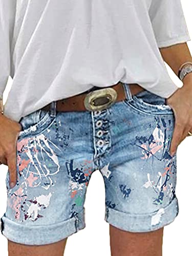 Osheoiso Damen Jeansshorts High Waist Basic Sommer Kurze Jeans Hosen Denim Bermuda Shorts Stretch Jeansshorts Hot Pants Streetwear Sommerhose Hellblau M von Osheoiso