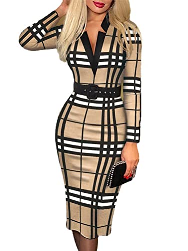 Osheoiso Damen Kariertes Kleid Business Kleid Knielang Wickelkleid Bedrucktes Plaid Chic Midi Kleid mit Gürtel Langarm Minikleid mit Hoher Taille A Khaki XL von Osheoiso