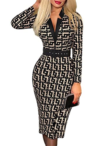 Osheoiso Damen Kariertes Kleid Business Kleid Knielang Wickelkleid Bedrucktes Plaid Chic Midi Kleid mit Gürtel Langarm Minikleid mit Hoher Taille B Khaki XL von Osheoiso