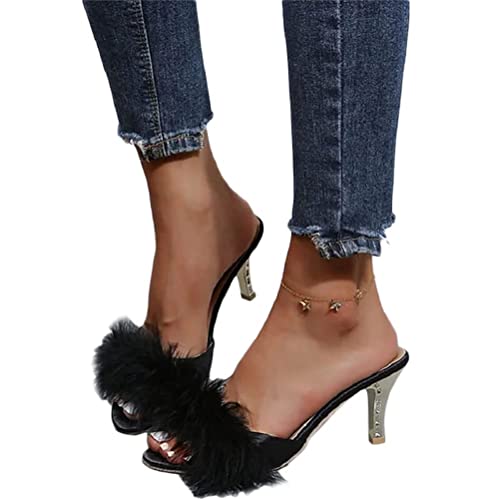 Osheoiso Damen Mode Sandaletten High Heels Sandalen Stiletto Absätze Damenschuhe Chic Sandalen Faux Feder Slip-On Spitz Zehe Kopf Sandaletten Stiletto Pumps A Schwarz 36 EU von Osheoiso