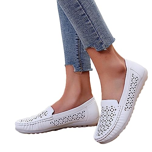 Osheoiso Damen Mokassins Schuhe Bootsschuhe Vintage Weiches Leder Halbschuhe Sommer rutschfest Loafers Damen Casual Slipper Flache Lauflernschuhe Bootsschuhe B Weiß 38 EU von Osheoiso