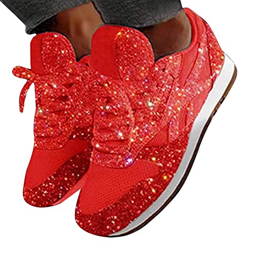 Osheoiso Damen Pailletten Sneaker Flach Schuhe Freizeit Laufschuhe Bequeme Sneakers Sportschuhe Outdoor Walkingschuhe Rot 41 EU von Osheoiso