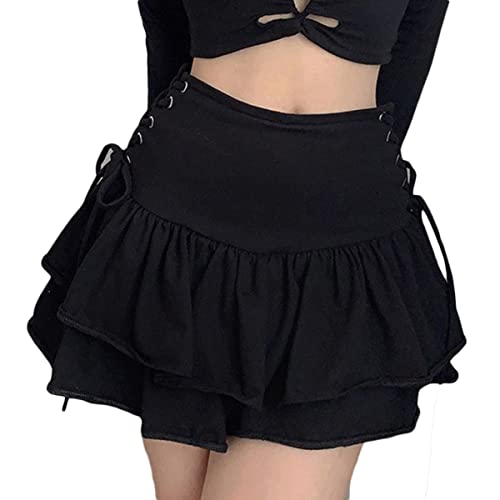 Osheoiso Damen Rock in A-Linie Sexy Mini Faltenrock Kariert Damen Mädchen Kurze Hohe Taille Plissee Skater Tennis Schulrock Anime Faltenrock mit Spitze Sommer B Schwarz M von Osheoiso