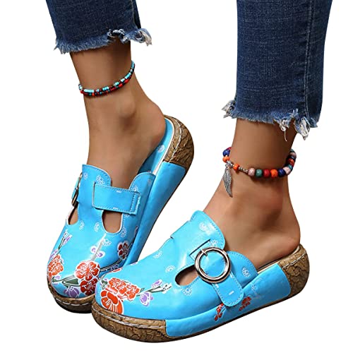 Osheoiso Damen Sandalen Sommer Clogs Hausschuhe Bequeme Support rutschfeste Atmungsaktiv Vintage Sandalette Schuhe Dicker Walking Flip Flop Gartenschuhe A Blau 41 EU von Osheoiso