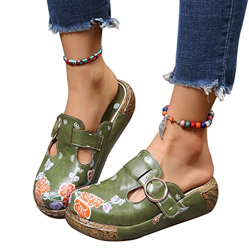 Osheoiso Damen Sandalen Sommer Clogs Hausschuhe Bequeme Support rutschfeste Atmungsaktiv Vintage Sandalette Schuhe Dicker Walking Flip Flop Gartenschuhe A Grün 40 EU von Osheoiso