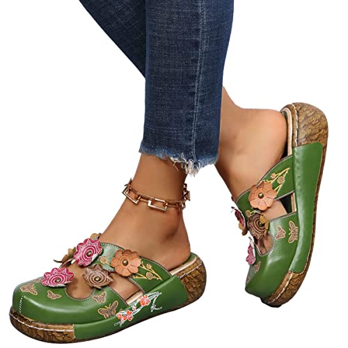 Osheoiso Damen Sandalen Sommer Clogs Hausschuhe Bequeme Support rutschfeste Atmungsaktiv Vintage Sandalette Schuhe Dicker Walking Flip Flop Gartenschuhe C Grün 39 EU von Osheoiso