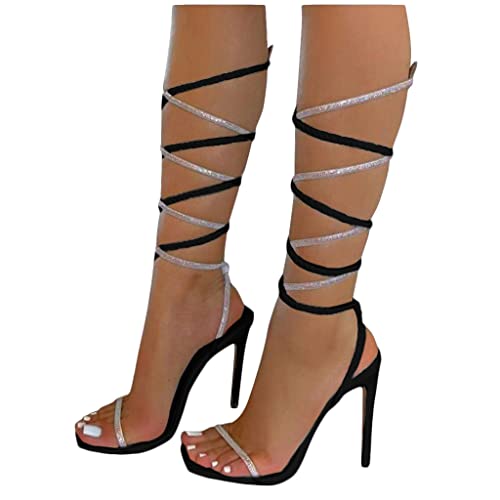 Osheoiso Damen Sandaletten High Heels mit Pfennigabsatz Sommer Sexy Sandalen Fischmaul Stiletto Sandalen mit Offenem Zeh Schnürsandalen Römersandalen Schnürsenkel High Heels A Schwarz 37 EU von Osheoiso