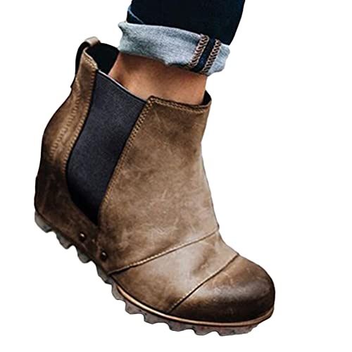 Osheoiso Damen Schuhe Stiefelette Winterschuhe Keilabsatz Mode Bequem Kurz Stiefel Outdoorstiefel Vintage High Heels Boots Braun 38 EU von Osheoiso