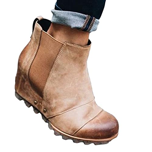 Osheoiso Damen Schuhe Stiefelette Winterschuhe Keilabsatz Mode Bequem Kurz Stiefel Outdoorstiefel Vintage High Heels Boots Khaki 37 EU von Osheoiso