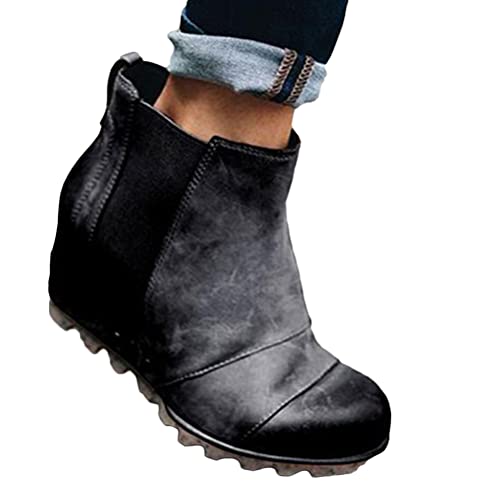 Osheoiso Damen Schuhe Stiefelette Winterschuhe Keilabsatz Mode Bequem Kurz Stiefel Outdoorstiefel Vintage High Heels Boots Schwarz 37 EU von Osheoiso