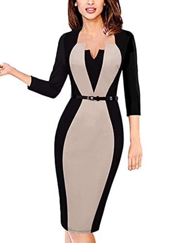 Osheoiso Damen Sexy Kleid Business Kleid Knielang Wickelkleid Chic Midi Kleid mit Gürtel Langarm Minikleid Mode Cocktailkleid Farbblock Abendkleider B Kaki L von Osheoiso