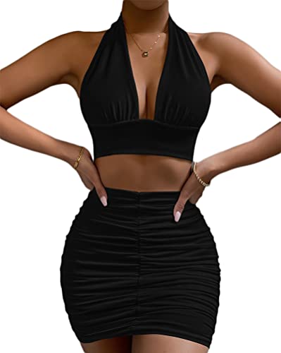 Osheoiso Damen Sexy Top mit Kurzem Rock Sets 2 Piece Bodycon Langarm Minirock Elegant Kurzem Rock Sets Einfarbig Outfit Rock Langarm Top 3 Schwarz S von Osheoiso