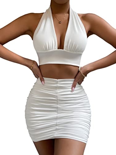 Osheoiso Damen Sexy Top mit Kurzem Rock Sets 2 Piece Bodycon Langarm Minirock Elegant Kurzem Rock Sets Einfarbig Outfit Rock Langarm Top 3 Weiß S von Osheoiso