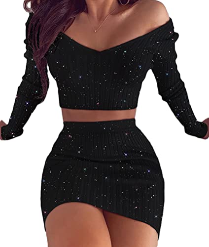 Osheoiso Damen Sexy Top mit Kurzem Rock Sets 2 Piece Bodycon Langarm Minirock Elegant Kurzem Rock Sets Einfarbig Outfit Rock Langarm Top C Schwarz L von Osheoiso