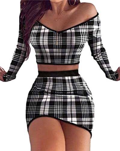 Osheoiso Damen Sexy Top mit Kurzem Rock Sets 2 Piece Bodycon Retro Kariertes Langarm mit Minirock Bleistiftrock Figurbetont Kariertes Rock Saum F Schwarz L von Osheoiso