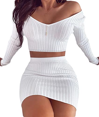 Osheoiso Damen Sexy Top mit Kurzem Rock Sets 2 Piece Bodycon Retro Langarm mit Minirock Bleistiftrock Figurbetont Rock Saum C Weiß L von Osheoiso