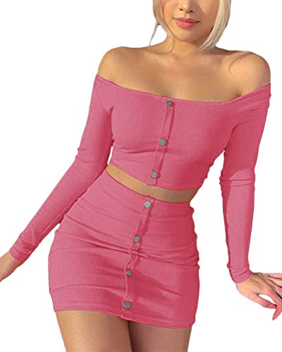 Osheoiso Damen Sexy Top mit Kurzem Rock Sets 2 Piece Bodycon Retro Langarm mit Minirock Bleistiftrock Figurbetont Rock Saum D Rosa S von Osheoiso