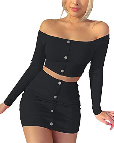 Osheoiso Damen Sexy Top mit Kurzem Rock Sets 2 Piece Bodycon Retro Langarm mit Minirock Bleistiftrock Figurbetont Rock Saum D Schwarz XXL von Osheoiso