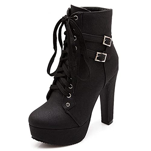 Osheoiso Damen Stiefel High Heels Plateau mit Schnalle Blockabsatz Klassische Elegant Stiefeletten Boots Schnürschuhe Kurze Damenstiefel A Schwarz 34 EU von Osheoiso