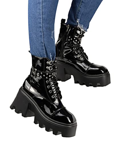 Osheoiso Damen Stiefeletten Biker Boots Plateau Schnürstiefel Blockabsatz Schuhe Freizeit Mode Frauen Stiefel mit Lack Schnalle Schwarz 03 39 EU von Osheoiso
