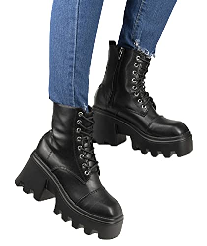 Osheoiso Damen Stiefeletten Biker Boots Plateau Schnürstiefel Blockabsatz Schuhe Freizeit Mode Frauen Stiefel mit Reißverschluss Schwarz 01 38 EU von Osheoiso