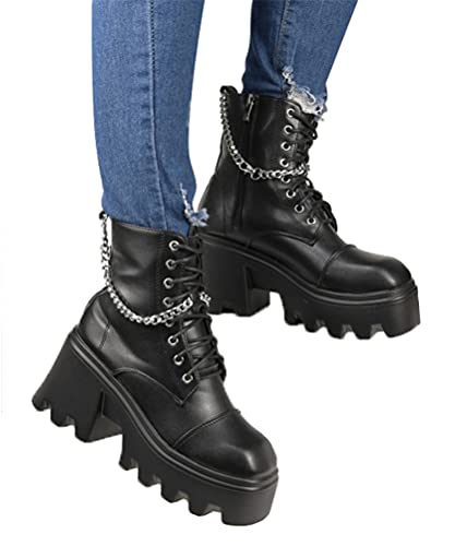 Osheoiso Damen Stiefeletten Biker Boots Plateau Schnürstiefel mit Kette Blockabsatz Schuhe Freizeit Mode Frauen Stiefel Schwarz 02 40 EU von Osheoiso