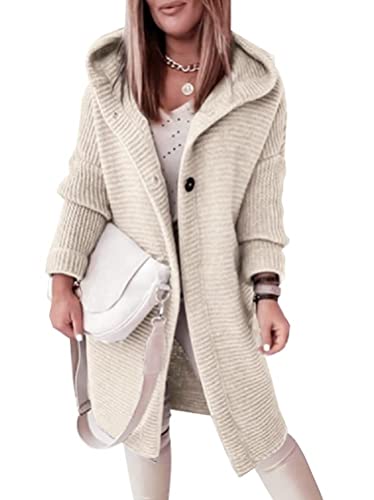 Osheoiso Damen Strickjacke mit Kapuze Grobstrick Oberbekleidung Mode Strickmantel Wintermantel Lang Kapuzenpullover Einfarbig Winterjacke Overcoat Vintage Cardigan A Weiß M von Osheoiso