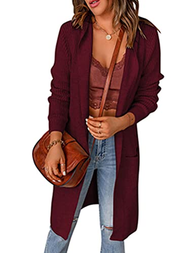 Osheoiso Damen Strickjacke mit Kapuze Open Front Pullover Casual Strickmantel Herbst Oberbekleidung Elegante Mid Lang Cardigan Outwear Mantel Overcoat Jacke A Weinrot S von Osheoiso