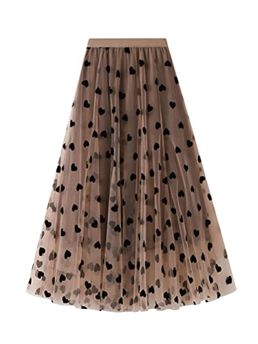Osheoiso Damen Tüll Tutu Rock Elastisch Casual Party Tütü Tüll Midi Röcke Plisseerock A-Linien Swing Strandrock Mode Langer Rock Blumenmuster Boho Sommerrock B Khaki XXL von Osheoiso