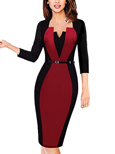 Osheoiso Damen Vintage Cocktailkleid Bodycon Abendkleid mit Gürtel Damen V-Ausschnitt Elegant Farbblock Kleid Langarm Tunika Kleid für Sommer B Vin Rouge M von Osheoiso