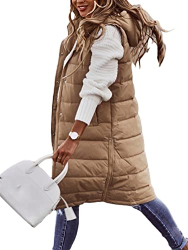 Osheoiso Damen Winter Daunenmantel mit Taschen Warm Outwear Oberbekleidung Daunenweste Langer Wintermantel Weste mit Kapuze Weste Mantel Ärmellos A Aprikose 5XL von Osheoiso