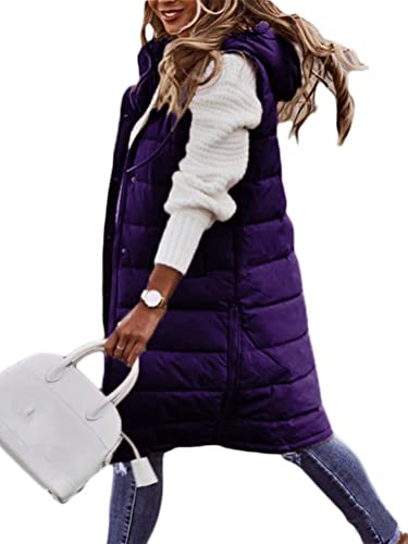 Osheoiso Damen Winter Daunenmantel mit Taschen Warm Outwear Oberbekleidung Daunenweste Langer Wintermantel Weste mit Kapuze Weste Mantel Ärmellos A Violett XL von Osheoiso