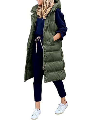 Osheoiso Damen Winter Daunenmantel mit Taschen Warm Outwear Oberbekleidung Daunenweste Langer Wintermantel Weste mit Kapuze Weste Mantel Ärmellos B Armeegrün XL von Osheoiso