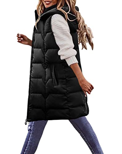 Osheoiso Damen Winter Daunenmantel mit Taschen Warm Outwear Oberbekleidung Daunenweste Langer Wintermantel Weste mit Kapuze Weste Mantel Ärmellos D Schwarz XL von Osheoiso