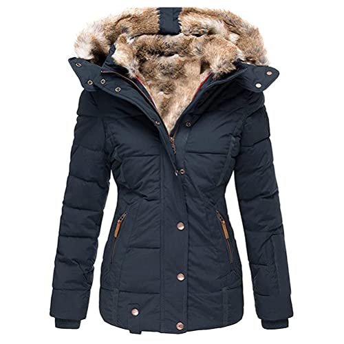 Osheoiso Damen Wintermantel Warme Strickjacke Winterjacke Overcoat Oberbekleidung Warm Blouso Mittel Langer Damenjacke mit Kordelzug B Blau 3XL von Osheoiso
