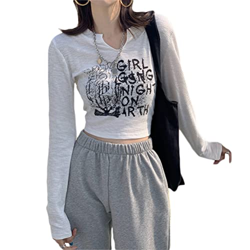 Osheoiso Damen Y2K Top Crop T-Shirt Langarmshirt Slim Fit Bedrucktem Langarm Shirt Beiläufig Cropped Tops für Mädchen und Freund C Weiß S von Osheoiso