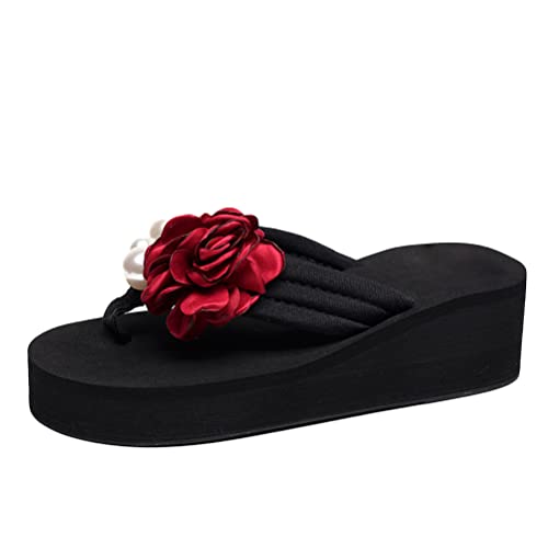 Osheoiso Flip Flops Damen Yoga Matte Bequeme Strand Leicht Sandalen Zehentrenner Rutschfest Bath Badelatschen Sommerschuhe Hausschuhe mit Hohem Absatz Weich Schwimmbad Rot Blumen 2 36 EU von Osheoiso