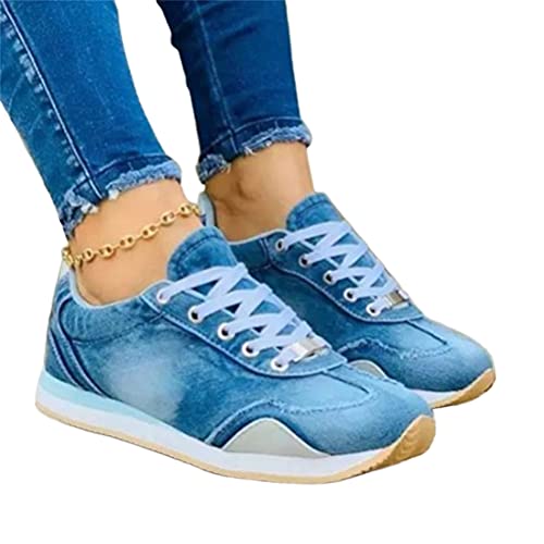 Osheoiso Frauen Denim Sneaker Canvas Flache Schnürschuhe Damen Beiläufige Sportschuhe Leicht Atmungsaktive Schnürsneaker Sommer Turnschuhe Luftkissen Fitness Walkingschuhe A Hellblau 40 EU von Osheoiso