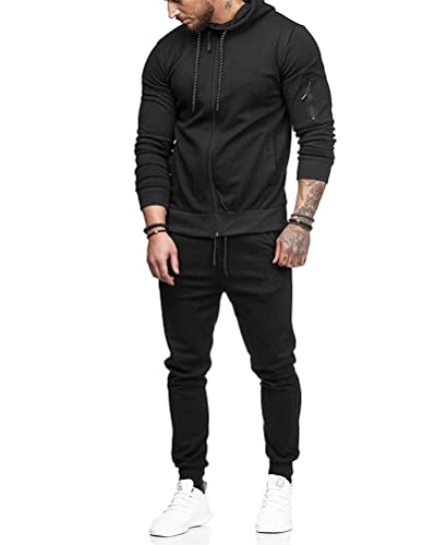 Osheoiso Freizeitanzug Herren Winter Langarm Zweiteiler Sweatshirt Herren mit Kapuzen Reißverschluss + Sporthose Lang Jogginganzug Männer Traininganzug A Schwarz M von Osheoiso