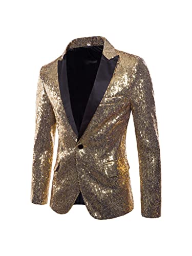 Osheoiso Herren Blazer Pailletten Knopfleiste Disco Hemd Casual Herren Jacke Regular Fit Karneval Fasching Party Clubwear Kostüm Langarm Down Hochzeit Mantel A Gold S von Osheoiso