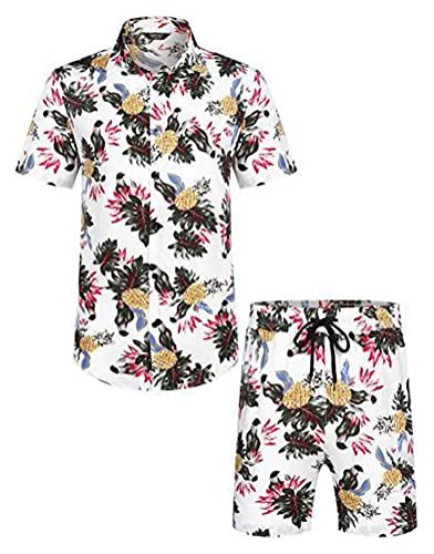 Osheoiso Herren Casual Floral Blumenmuster Hawaiihemd Strandshorts Blumenhemd T-Shirts + Kurze Hose Set Beach Freizeithemden Strand Surf Shorts Freizeitanzug Sommer Pattern H XXL von Osheoiso