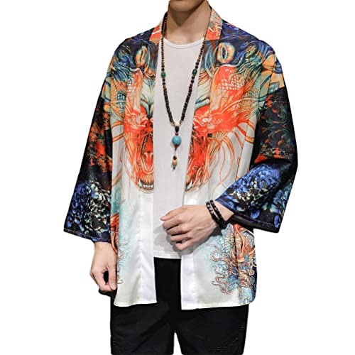 Osheoiso Herren Casual Kimono Cardigan Japanische Happi Bedruckter Kimono Bademantel Nachthemd Große Größe Langarm Jacke Hemd Männer Yukata Kleidung Kostüm Frühling A 3 3XL von Osheoiso