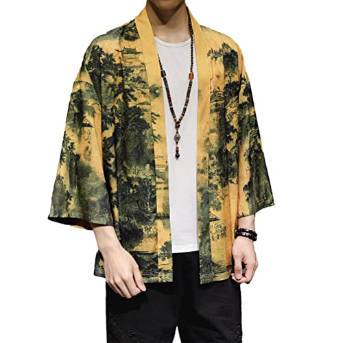 Osheoiso Herren Casual Kimono Cardigan Japanische Happi Bedruckter Kimono Bademantel Nachthemd Große Größe Langarm Jacke Hemd Männer Yukata Kleidung Kostüm Frühling A 4 L von Osheoiso