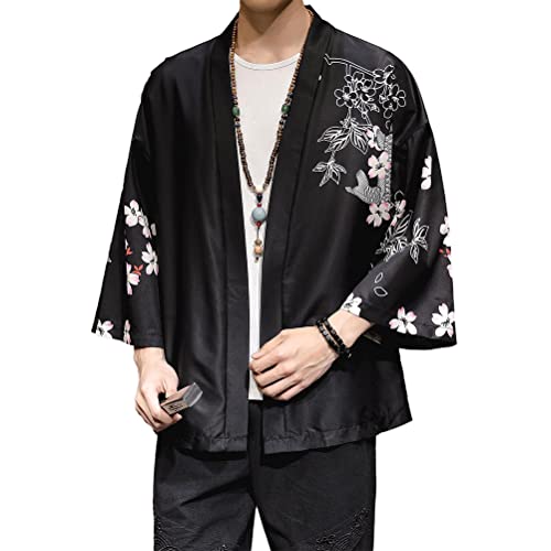 Osheoiso Herren Casual Kimono Cardigan Japanische Happi Bedruckter Kimono Bademantel Nachthemd Große Größe Langarm Jacke Hemd Männer Yukata Kleidung Kostüm Frühling A 5 XL von Osheoiso