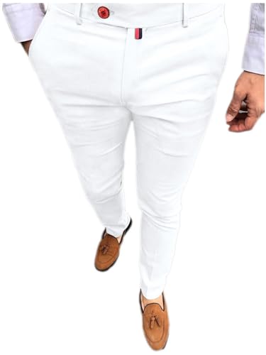 Osheoiso Herren Chino Hose Vintage Arbeitshose Anzughose mit Taschen Stretch Sommerhose Slim Fit Mode Einfarbig Freizeithose Weich Soft Männer Business Hose E Weiß L von Osheoiso