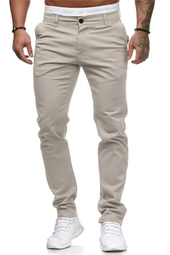 Osheoiso Herren Chino Hose mit Stretch Herren Cargohose Freizeithose Skinny Slim Fit Männer Vintage Arbeitshose Anzughose mit Taschen Business Hose A Khaki L von Osheoiso