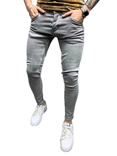 Osheoiso Herren Destroyed Jeans Biker Hose Herren Löcher Lang Jeans Denim Hose Vintage Männer Zerrissen Jeanshose Skinny Jeanshosen Bleistifthose Slim Fit B Grau L von Osheoiso