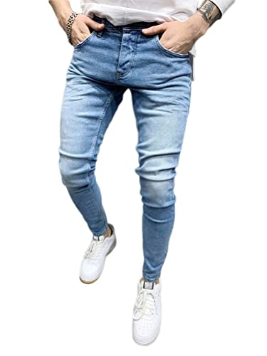 Osheoiso Herren Destroyed Jeans Biker Hose Herren Löcher Lang Jeans Denim Hose Vintage Männer Zerrissen Jeanshose Skinny Jeanshosen Bleistifthose Slim Fit B Hellblau L von Osheoiso