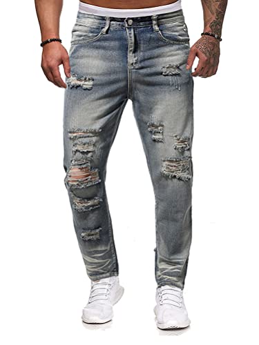 Osheoiso Herren Destroyed Jeans Biker Hose Herren Löcher Lang Jeans Denim Hose Vintage Männer Zerrissen Jeanshose Skinny Jeanshosen Bleistifthose Slim Fit E2 M von Osheoiso