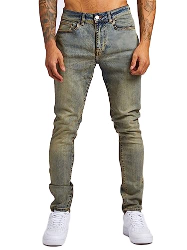 Osheoiso Herren Destroyed Jeans Biker Hose Herren Löcher Lang Jeans Denim Hose Vintage Männer Zerrissen Jeanshose Skinny Jeanshosen Bleistifthose Slim Fit G Gelb Blau L von Osheoiso